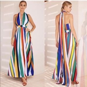 NEW Boston Proper Multicolor Vertical Stripe Halter Backless Maxi